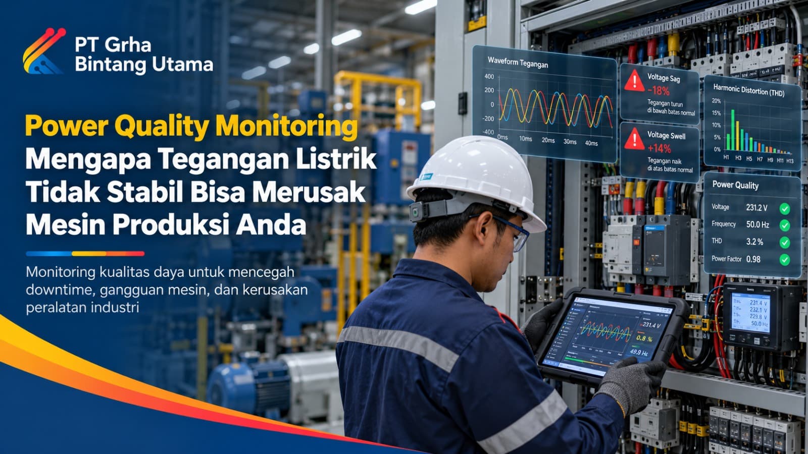 Power quality monitoring pada panel listrik industri untuk mendeteksi tegangan tidak stabil dan melindungi mesin produksi. Power quality monitoring pada panel listrik industri untuk mendeteksi tegangan tidak stabil dan melindungi mesin produksi.
